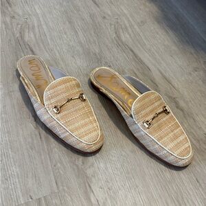 Sam Edelman Tan Woven Leather Backless Mules with Gold Hardware
